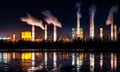 Industrial landscape with smoking chimneys and reflection in water at night Royalty Free Stock Photo