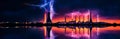 Industrial landscape with smoking chimneys and reflection in water at night