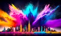 Colorful powder creates a magical explosion futuristic cityscape