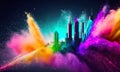 Colorful powder creates a magical explosion futuristic cityscape