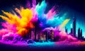 Colorful powder creates a magical explosion futuristic cityscape Royalty Free Stock Photo