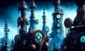 Fantasy industrial city scene with clock towers, gears and mechanisms