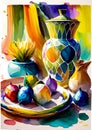 An artistic generated image of a tabletop set with colourful ceramics