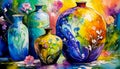 An artistic generated concept image of a unique ceramic vase on a colourful background