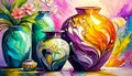 An artistic generated concept image of a unique ceramic vase on a colourful background