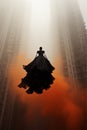 artistic image of woman in black dress floating through orange haze in misty city Royalty Free Stock Photo