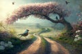 Artistic impression of a springtime journey. A winding road in nature with blossoms and new life Royalty Free Stock Photo