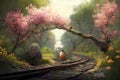 Artistic impression of a springtime journey. A winding road in nature with blossoms and new life Royalty Free Stock Photo