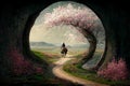 Artistic impression of a springtime journey. A winding road in nature with blossoms and new life Royalty Free Stock Photo