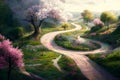 Artistic impression of a springtime journey. A winding road in nature with blossoms and new life Royalty Free Stock Photo