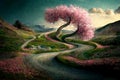 Artistic impression of a springtime journey. A winding road in nature with blossoms and new life Royalty Free Stock Photo