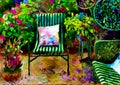 An artistic impressionist painting style of a colourful courtyard garden