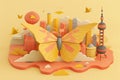 An artistic interpretation of a butterfly\'s lifecycle, from birth to flight, set against a backdrop of global landmarks