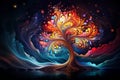 Artistic interpretation of a Christmas tree in an abstract fantasy style, featuring vibrant swirls of color and glowing patterns,