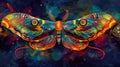 An artistic interpretation of a moths antennae with vibrant colors and swirling shapes reminiscent of a peas plumage. .