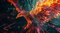 An artistic interpretation of a phoenix made up of numbers and coding languages representing the innovative nature of