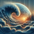 Artistic interpretation of a tsunami wave in motion, photoreal