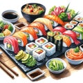 Artistic Japanese Sushi: Culinary Delight in Watercolor Creation