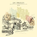 Vector LA, California, USA postcard. Hand drawn vintage Los Angeles poster. Old plaza in historical Spanish quarter - El Pueblo de