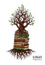 An artistic logo featuring a tree growing from a stack of books. Royalty Free Stock Photo