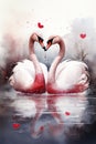 artistic manner with exquisite watercolor card featuring two graceful swans, ideal for Valentine& x27;s Day.Ai generated