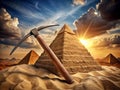 Artistic Mining Pickaxe Over Sand Pyramid A Visual Exploration of Resource Extraction and Excavation