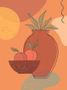 Artistic modern vector illustration with vases,leaves,organic shapes and peaches Royalty Free Stock Photo