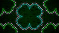 Artistic Neon Light Four Leaf Clover Dotted And Dashed Lines Against Glowing Green Dark Brick Wall Background Royalty Free Stock Photo