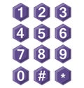 Artistic number set on ultraviolet hexagonal buttons. Hash tag and star symbole included. Buttons with 3d effect. Royalty Free Stock Photo