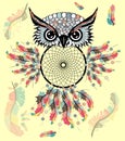 Artistic owl with Dreamcatcher. Graphic arts, dotwork