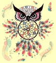 Artistic owl with Dreamcatcher. Graphic arts, dotwork