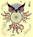 Artistic owl with Dreamcatcher. Graphic arts, dotwork