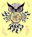 Artistic owl with Dreamcatcher. Graphic arts dotwork