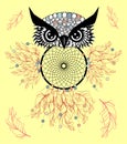 Artistic owl with Dreamcatcher. Graphic arts dotwork