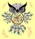 Artistic owl with Dreamcatcher. Graphic arts, dotwork.