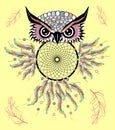 Artistic owl with Dreamcatcher. Graphic arts, dotwork.