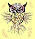 Artistic owl with Dreamcatcher. Graphic arts, dotwork.