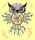 Artistic owl with Dreamcatcher. Graphic arts, dotwork.