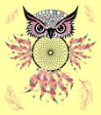 Artistic owl with Dreamcatcher. Graphic arts, dotwork.