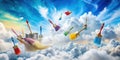 Artistic paintbrushes soaring through a dreamlike sky, above a canvas of clouds. Generative AI Royalty Free Stock Photo