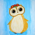 Artistic painting cute owlet girl in a wreath