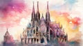 An artistic painting of a large cathedral with spires, AI