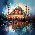 Artistic painting of an old mosque with luminous reflections of water