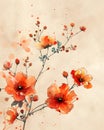 Artistic painting of orange flowers on a beige canvas