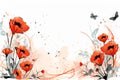 an artistic painting of red poppies and butterflies on a white background Royalty Free Stock Photo