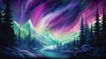 An artistic painting of a river and trees under a colorful aurora sky, AI