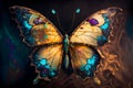 Artistic painting of a surreal butterfly made of bioluminescent seaglass. Splattered oil backlit.