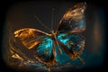 Artistic painting of a surreal butterfly made of bioluminescent seaglass. Splattered oil backlit.