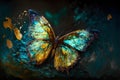 Artistic painting of a surreal butterfly made of bioluminescent seaglass. Splattered oil backlit.