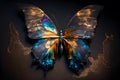 Artistic painting of a surreal butterfly made of bioluminescent seaglass. Splattered oil backlit.